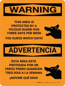 Warning: This Area is Protected By A Vicious Guard Bilingual Spanish Portrait - Wall Sign