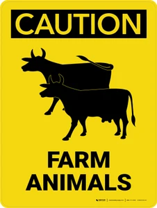 Caution: Farm Animals with Cow Icon Portrait - Wall Sign