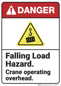 Danger: Falling Load Hazard Crane Safety ANSI - Wall Sign
