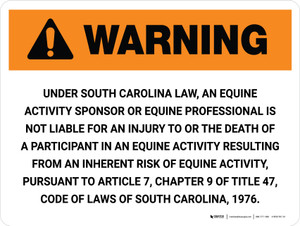 Warning: South Carolina Equine Activity Sponsor Not Liable Landscape - Wall Sign