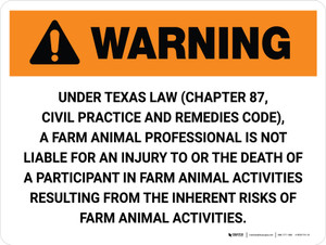 Warning: Texas Farm Animal Professional Is Not Liable Landscape - Wall Sign