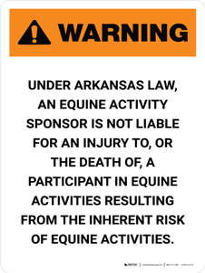Warning: Arkansas Equine Activity Sponsor Not Liable Portrait - Wall Sign