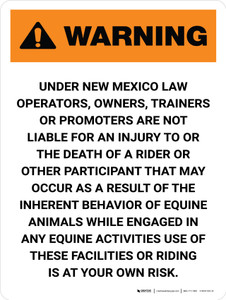 Warning: New Mexico Equine Activity Sponsor Not Liable Portrait - Wall Sign Warning: New Mexico Equine Activity Sponsor Not Liable Portrait - Wall Sign