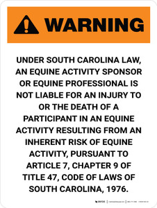 Warning: South Carolina Equine Activity Sponsor Not Liable Portrait - Wall Sign
