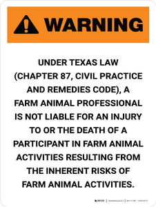 Warning: Texas Farm Animal Professional Is Not Liable Portrait - Wall Sign