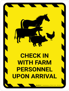 Check In With Farm Personnel Upon Arrival with Animal Icons Hazard Portrait - Wall Sign