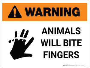 Warning: Animals Will Bite Fingers White with Icons Landscape - Wall Sign