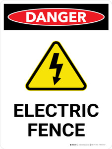 Danger: Electric Fence with Hazard Icon Portrait - Wall Sign