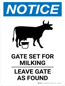 Notice: Gate Set For Milking Leave Gate As Found Portrait - Wall Sign
