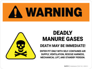 Warning: Deadly Manure Gases with Hazard Icon White Landscape - Wall Sign