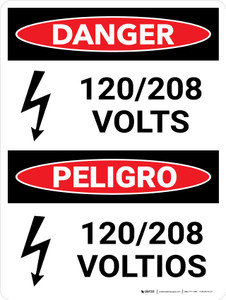 Danger: 120-208 Volts Bilingual Spanish Portrait with Icon - Wall Sign