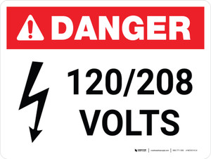 Danger: 120-208 Volts Landscape with Icon - Wall Sign