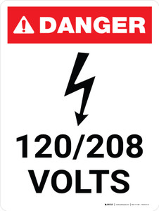 Danger: 120-208 Volts Portrait with Icon - Wall Sign