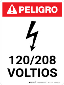 Danger: 120-208 Volts Spanish Portrait with Icon - Wall Sign