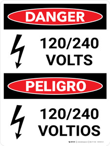 Danger: 120-240 Volts Bilingual Spanish Portrait with Icon - Wall Sign