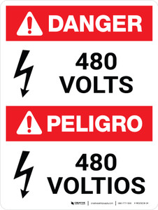 Danger: ANSI 480 Volts Portrait Bilingual Spanish with Icon - Wall Sign