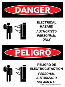 Danger: Electrical Hazard Authorized Only Bilingual Spanish with Icons - Wall Sign