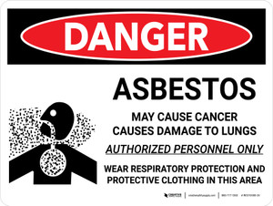 Danger: Asbestos May Cause Cancer Authorized Personnel Only Wear PPE Landscape with Icon - Wall Sign