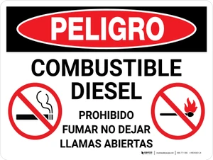 Danger: Combustible Diesel No Smoking No Open Flames Spanish Landscape with Icon - Wall Sign
