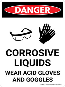 Danger: Corrosive Liquids Wear Gloves and Goggles Portrait with Icon - Wall Sign