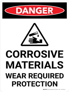 Danger: Corrosive Materials Wear Required Protection Portrait with Icon - Wall Sign