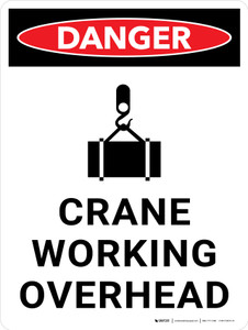 Danger: Crane Working Overhead Portrait with Icon - Wall Sign
