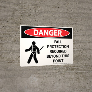 Danger: Fall Protection Required Beyond This Point Landscape with Icon - Wall Sign
