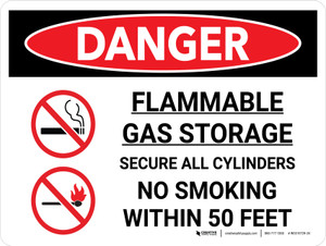 Danger: Flammable Gas Storage Secure Cylinders Landscape with Icon - Wall Sign