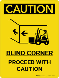 Caution: Blind Corner Portrait with Icons - Wall Sign