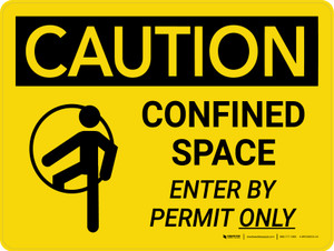 Caution: Confined Space Enter By Permit Only Landscape With Icon - Wall Sign