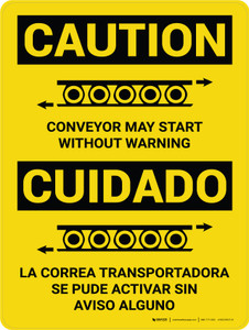 Caution: Conveyor May Start Without Warning Bilingual Spanish With Icons - Wall Sign