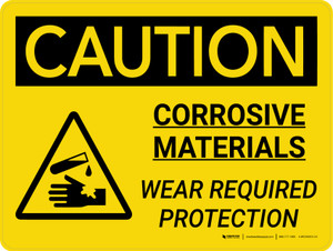 Caution: Corrosive Materials Wear Required Protection Landscape With Icon - Wall Sign