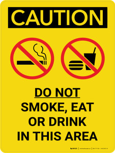 Caution: Do Not Smoke Eat Drink In This area Portrait With Icons - Wall Sign