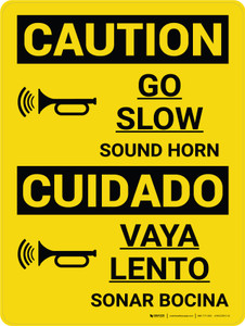 Caution: Go Slow Sound Horn Bilingual Spanish Portrait With Icons - Wall Sign