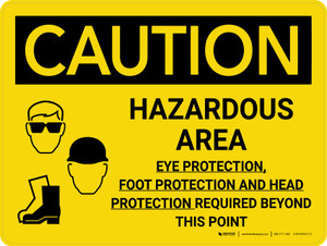 Caution: Hazardous Area Eye Foot Head Protection Required Landscape With Icons - Wall Sign