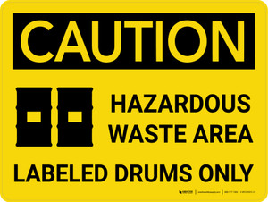Caution: Hazardous Waste Area Labeled Drums Landscape With Icons - Wall Sign