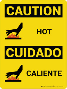 Caution: Hot Vertical Bilingual Spanish With Icons - Wall Sign