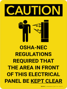 Caution: NEC Require Electrical Panel Kept Clear Portrait With Icon - Wall Sign