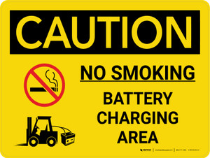 Caution: No Smoking Battery Charging Area Landscape With Icon - Wall Sign