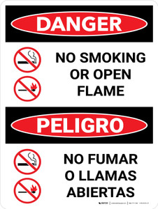 Danger: No Smoking Open Flame Bilingual Spanish with Icons - Wall Sign
