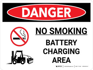 Danger: No Smoking Battery Charging Area Landscape with Icon - Wall Sign