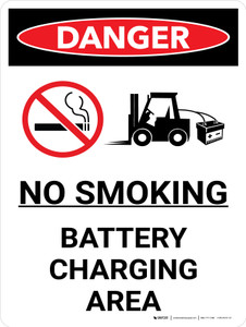 Danger: No Smoking Battery Charging Area Portrait with Icon - Wall Sign