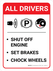 All Drivers: Shut Off Engine Set Brakes Chock Wheels Portrait with Icon - Wall Sign
