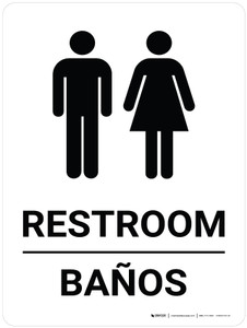Restroom Bilingual Spanish White with Icon - Wall Sign