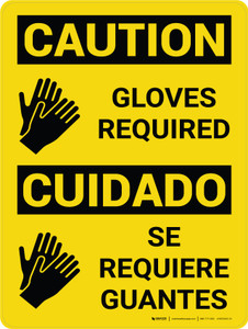 Caution: Gloves Required Bilingual Spanish With Icons - Wall Sign