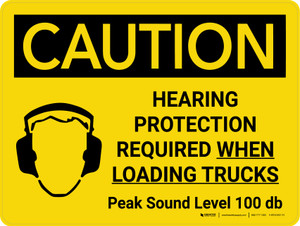 Caution: Hearing Protection Required When Loading Trucks Landscape With Icon - Wall Sign