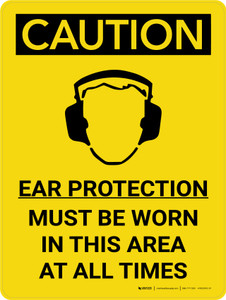 Caution: PPE Ear Protection Must be Worn in Area at All Times Portrait With Icon - Wall Sign