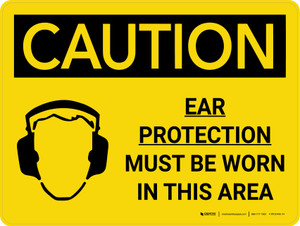 Caution: PPE Ear Protection Must be Worn in Area Landscape With Icon - Wall Sign
