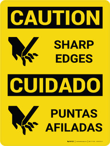 Caution: Sharp Edges Bilingual Spanish With Icons - Wall Sign