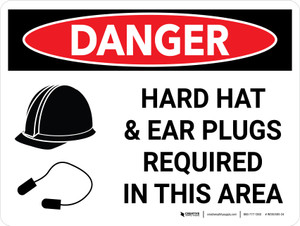 Danger: Hard Hat and Ear Plugs Required Landscape with Icons - Wall Sign